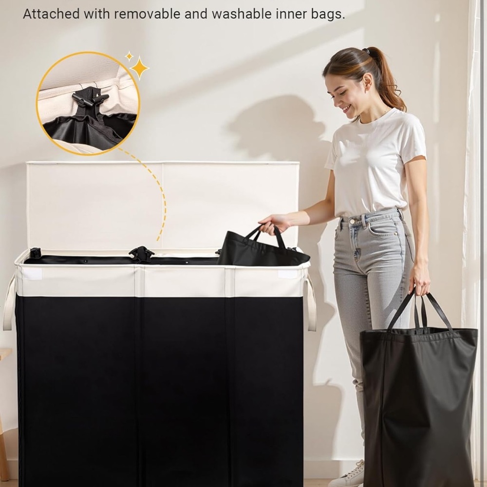 Laundry Hamper with lid and 3 section - Picture 4 of 9